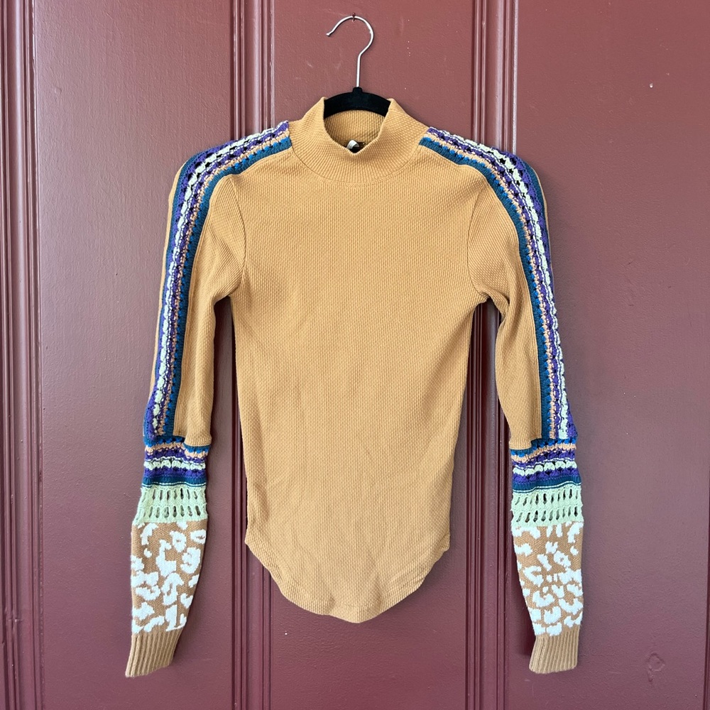 Free People mock neck long sleeve shirt with crochet detail